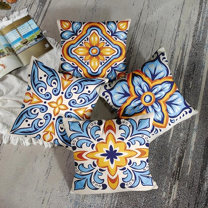 Sanwarm Throw Pillow Covers Home Decor Set of 4 Italian Mexican Ceramic - Image 2
