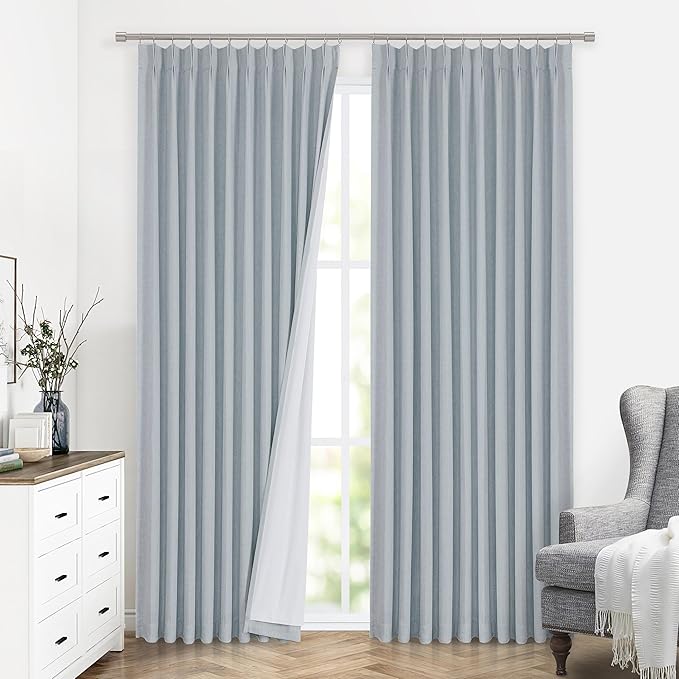 Vision Home Blue Fog Pinch Pleated Full Blackout Curtains Linen Blended Room - Image 2