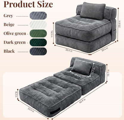 folding sofa bed, convertible sleeper chair with pillow(grey) shown in use