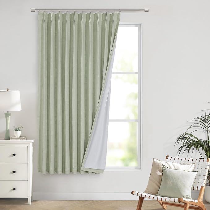 Vision Home Soft Green Pinch Pleated Full Blackout Curtains Linen Blended Room by VisionHome