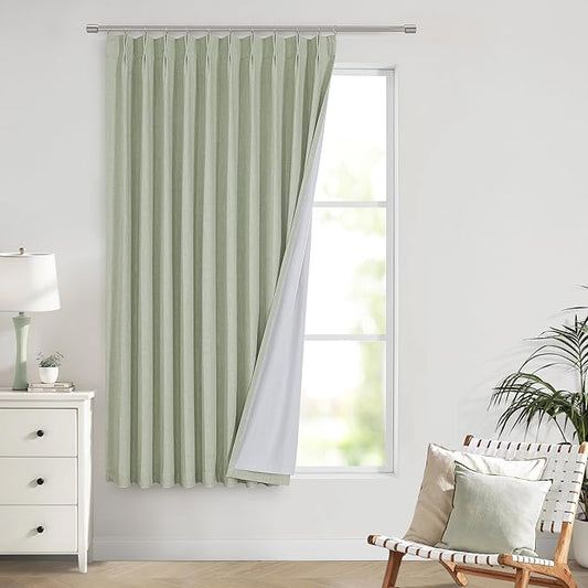 Vision Home Soft Green Pinch Pleated Full Blackout Curtains Linen Blended Room by VisionHome