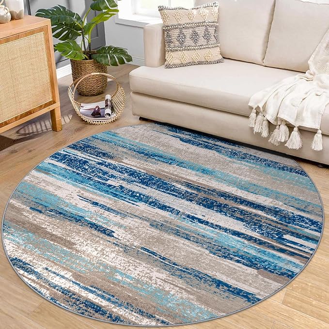 Modern Abstract Round Rug 6Ft, Circular Dining Room Rugs Thin Print Faux Wool by lansny