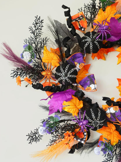 KBREE 22" Halloween Wreath for Front Door, Full Gothic Spooky Autumn Wreath with Black Corduroy Pumpkins, Glitter Orange Purple Spiders & Dark Twigs, Large Halloween Party Decor for Wall Window