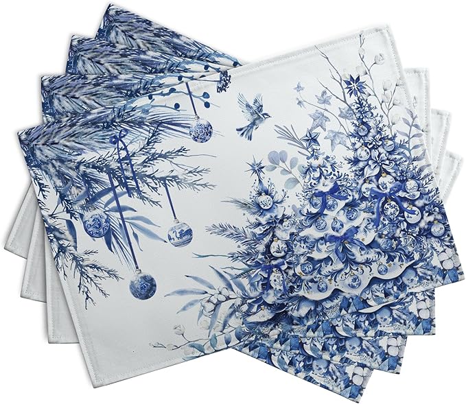 Blue and White Christmas Tree Placemats Set of 4, 12x18 Inch Chinoiserie Xmas - Image 2