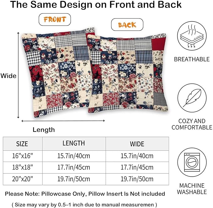 Floral Throw Pillow Covers 18x18 Set of 2 | Decorative Faux Patchwork Cushion - Image 6