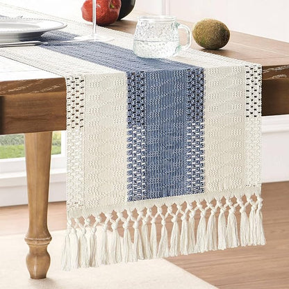 ZeeMart Macrame Style Bicolor Stitching Table Runner, 14 x 48 Inch Blue/Ivory by ZEEMARTONLINE