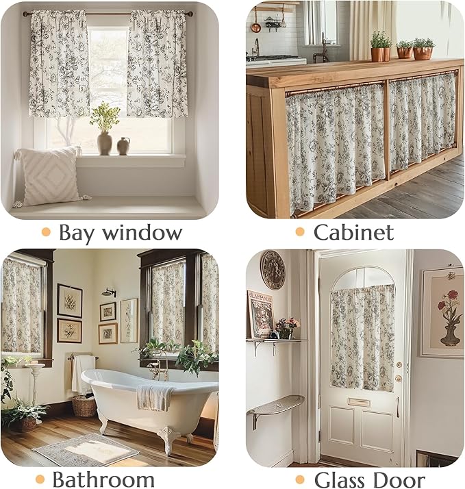 jinchan Floral Linen Tier Curtains 36 Inch Farmhouse Botanic Cafe Drapes - Image 3