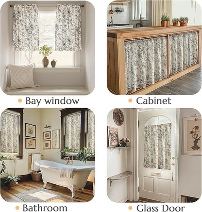 jinchan Floral Linen Tier Curtains 36 Inch Farmhouse Botanic Cafe Drapes - Image 3