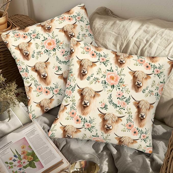 Highland Cow Throw Pillow Covers Set of 2 | 18x18 Inches Cushion Cases - Image 3
