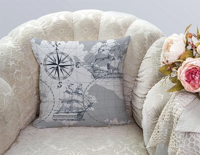 TSSOHU Nautical Sailboat Map Throw Pillow Cover Ship Anchor Cotton Linen - Image 3