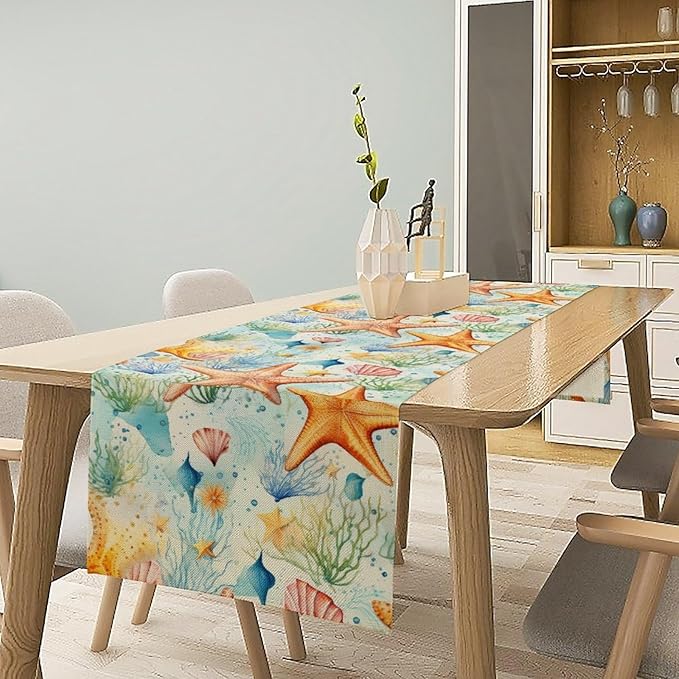 Starfish Conch Shell Table Runners, Season Coastal Marine Life Table Runners - Image 3
