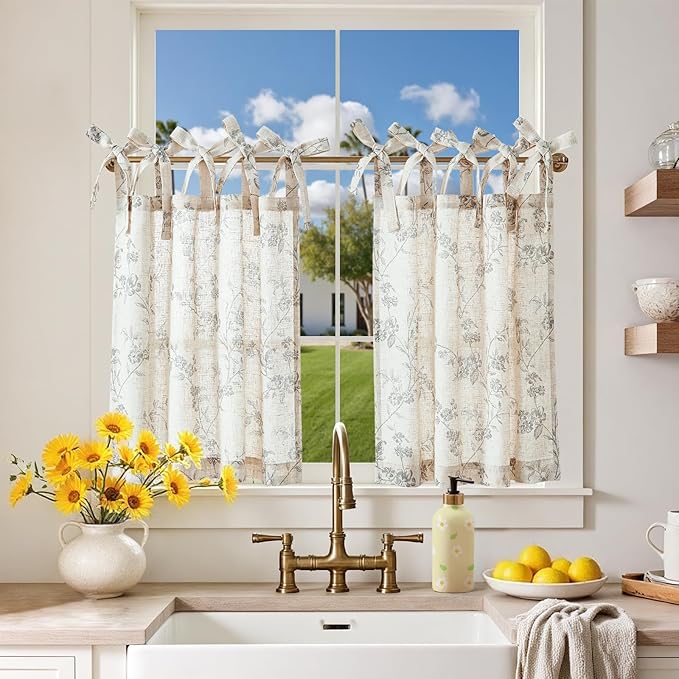 jinchan Gray Floral Kitchen Curtains 24 Inch Linen Tier Curtains Farmhouse Cafe by JINCHAN