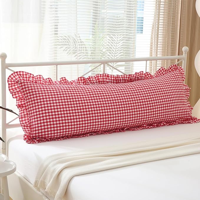 Red White Plaid Gingham Body Pillow Cover by KMASANIJI