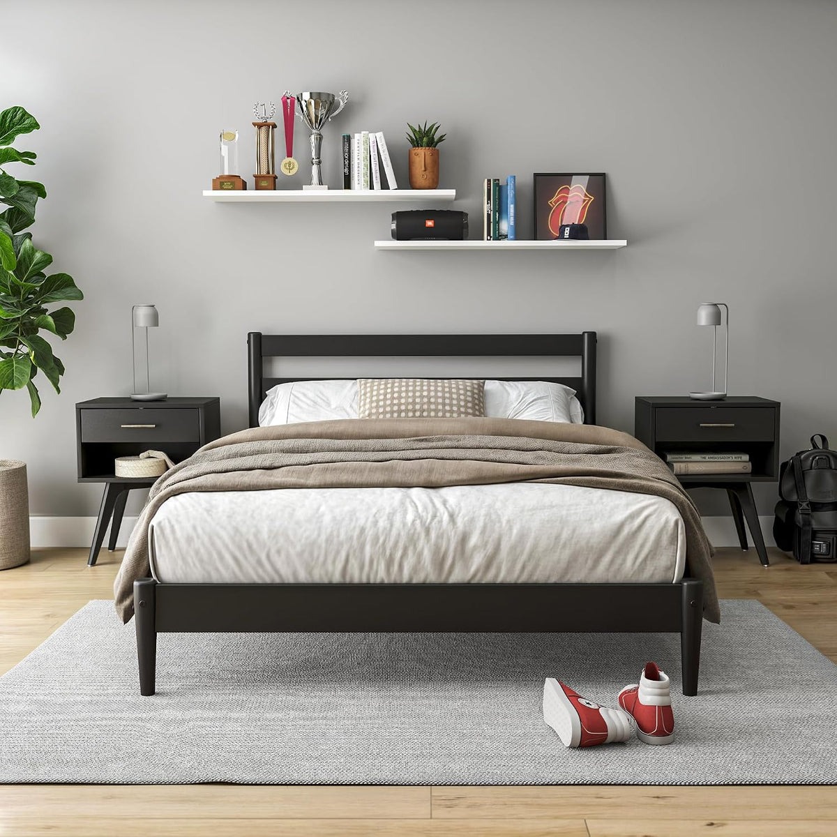 camaflexi mid-century modern platform bed/solid wood/slat headboard/mattress foundation, main product view
