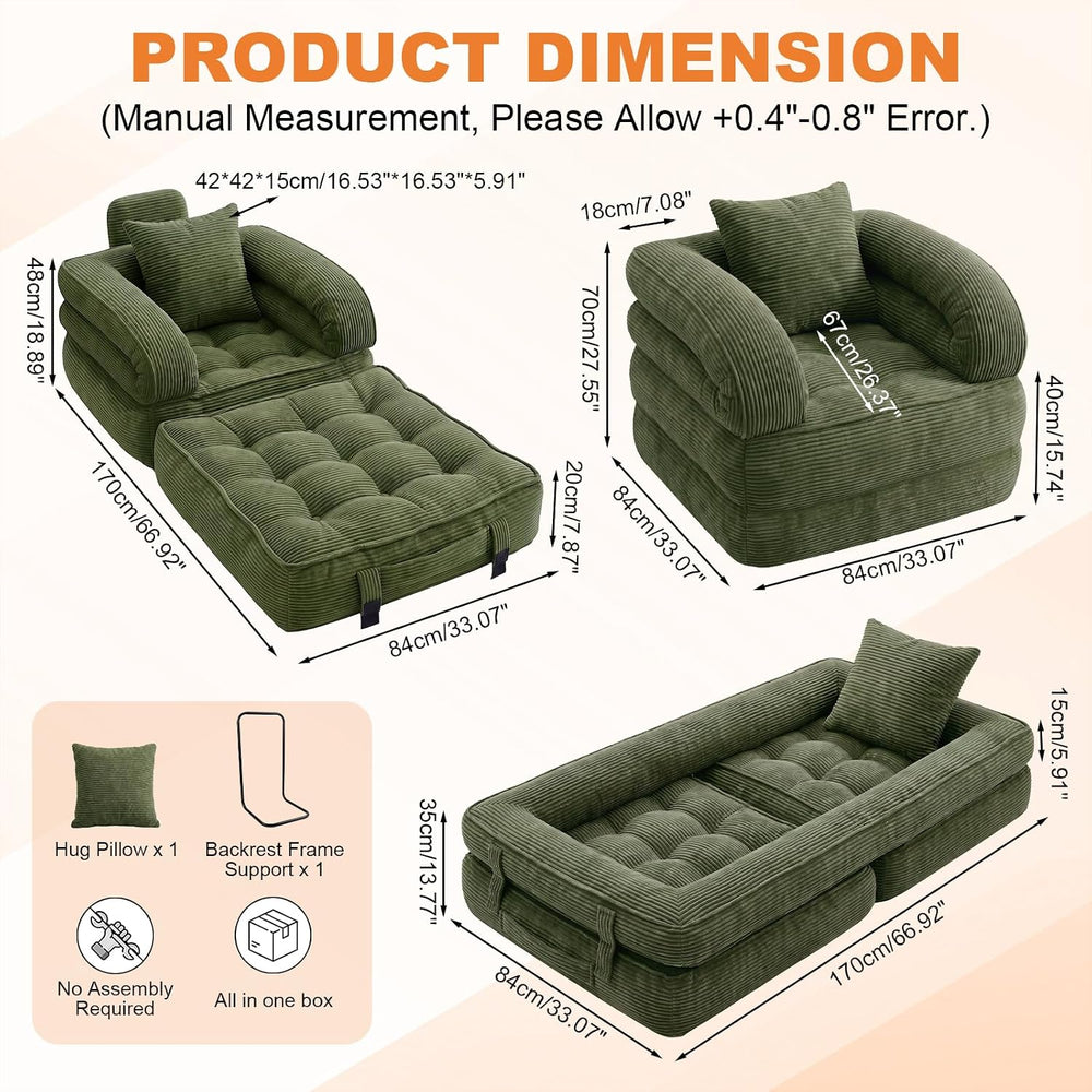 Folding Sofa Bed, Convertible Sleeper Chair, Corduroy Boneless Couch
