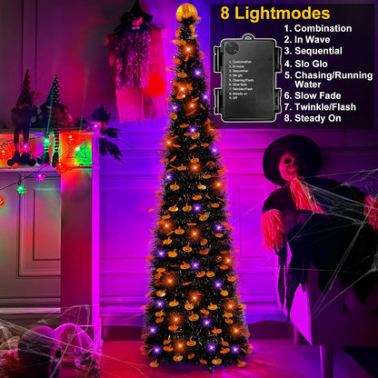 TURNMEON 5Ft Black Tinsel Halloween Tree with Lights Halloween Decorations