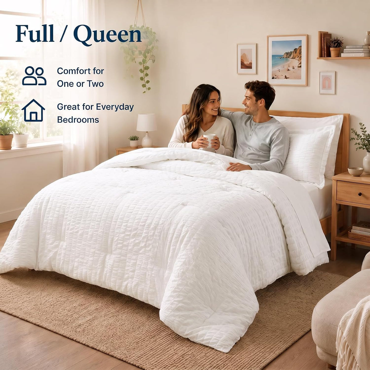 cozylux queen comforter set, 7 pieces white seersucker on a desk or shelf