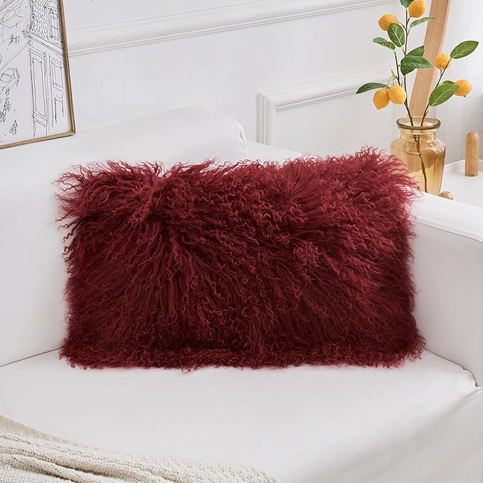 Genuine Mongolian Lamb Fur Pillow Cover – 12"x20" Rectangular Cushion Case – - Image 2