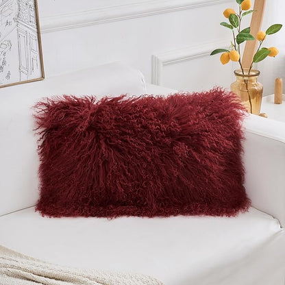 Genuine Mongolian Lamb Fur Pillow Cover – 12"x20" Rectangular Cushion Case – - Image 2