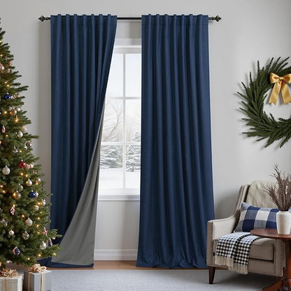 KOUFALL Navy Blue Curtains Linen Blackout, Back Tab Textured 90 Inch Long by KOUFALL