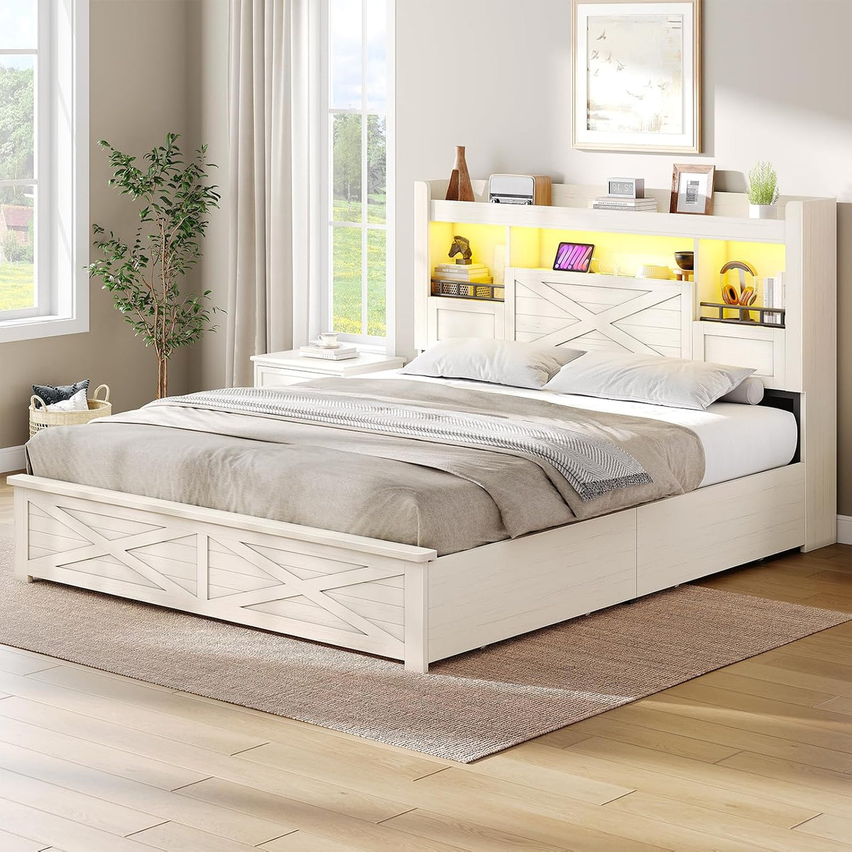 viagdo farmhouse queen bed frame with flip-down bookcase, front angle view