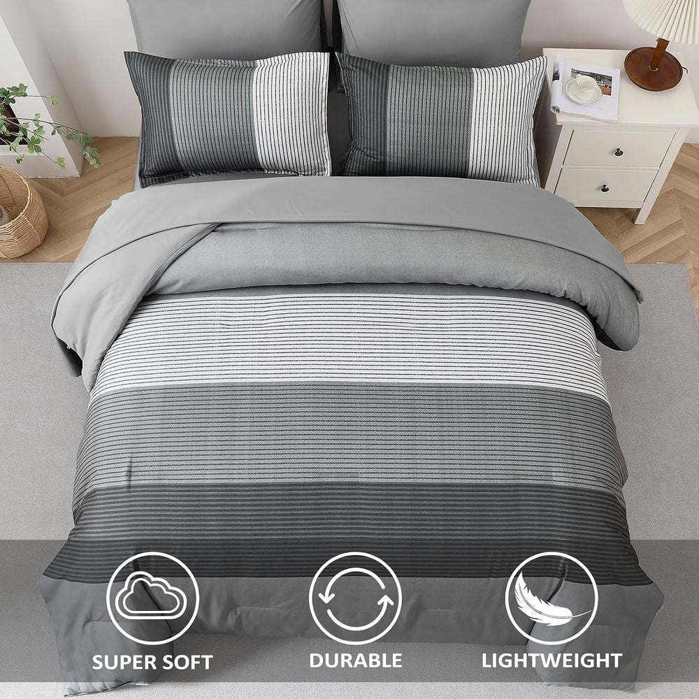 WONGS BEDDING Grey Comforter Set Queen, Reversible Grey Striped Patchwork Dow...