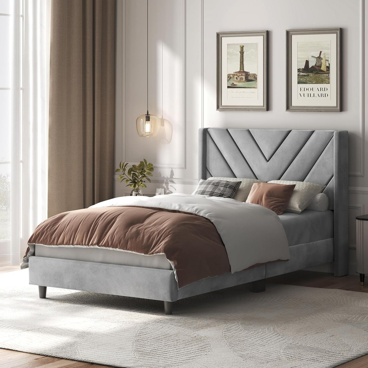 yaheetech twin bed frame with chevron channel-tufted headboard, close-up detail