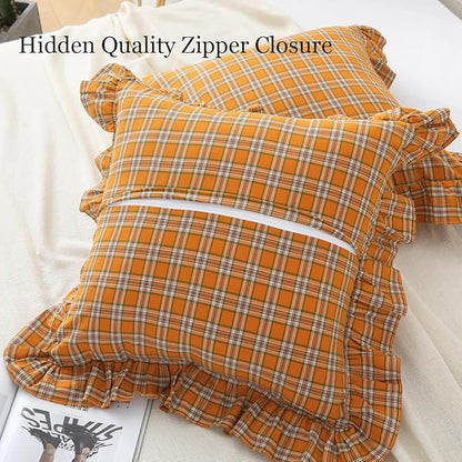 Burnt Orange Tartan Plaid Throw Pillow Cover Farmhouse Ruffle Pillow Shams Set - Image 4