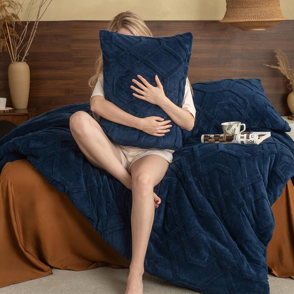 PHF Warm Sherpa Fleece King Comforter Set, 3D Tufted Fluffy Navy Blue Bedding...