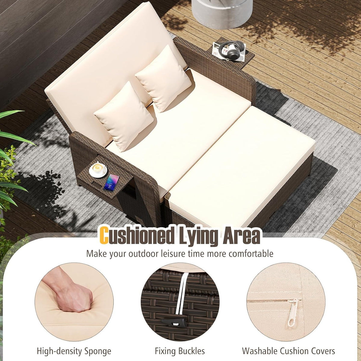 ldaily moccha outdoor daybed, wicker loveseat sofa set, close-up detail