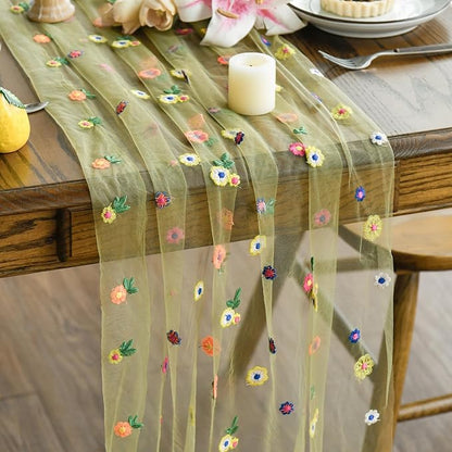 Artoid Mode Green Embroidery Daisy Spring Gauze Table Runner 59x120 Inch 10FT by ArtoidMode
