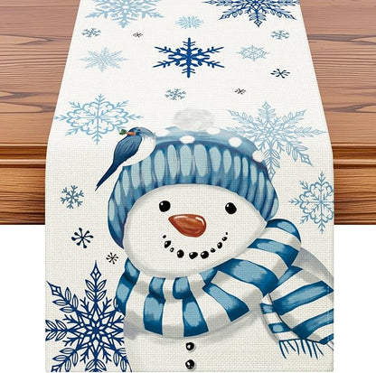 OTOSTAR Snowflakes and Blue Snowman Christmas Table Runner, Xmas Seasonal by OTOSTAR