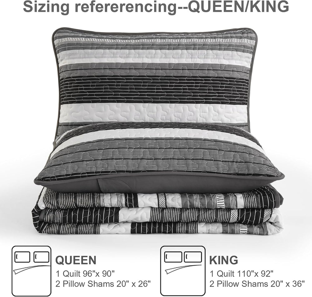 Djoymock Quilt Set Full Size, 3 Pieces Patchwork Striped Bedding Set, Grey
