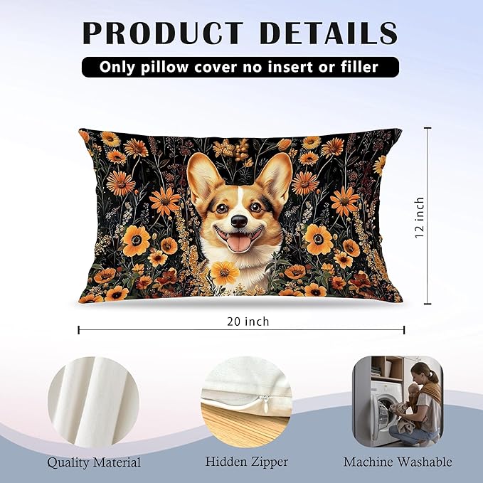 Moody Floral Corgi Pillow Covers 12x20 Set of 2, Gifts - Image 5