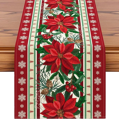 OTOSTAR Snow Holly Pinecone Christmas Red Flower Table Runner, Xmas Seasonal by OTOSTAR