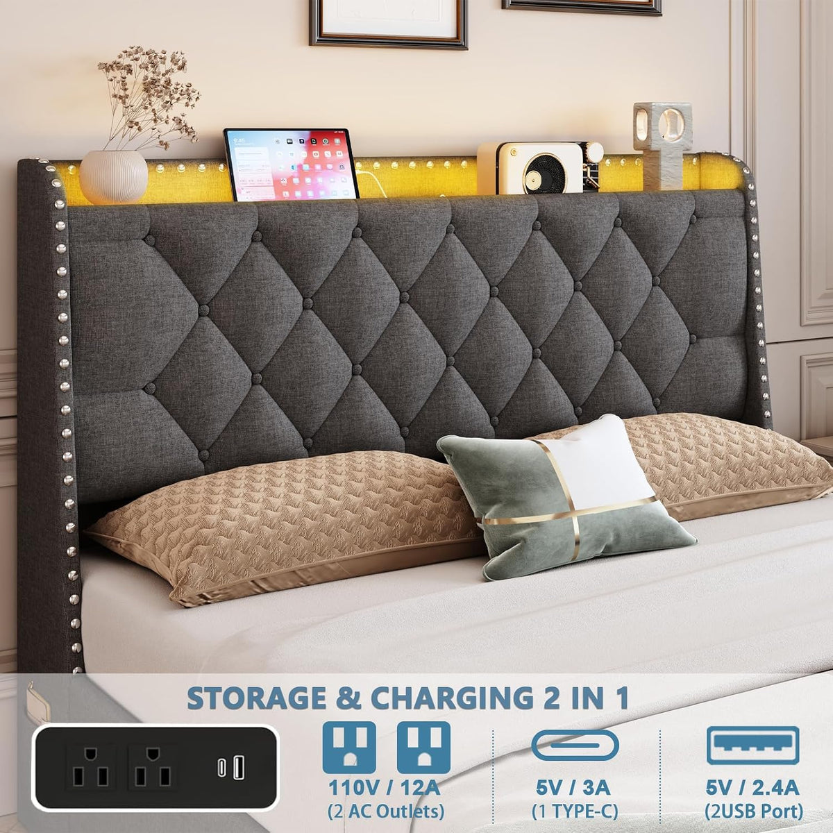 tigubfre queen size bed frame with 4 drawers, close-up detail
