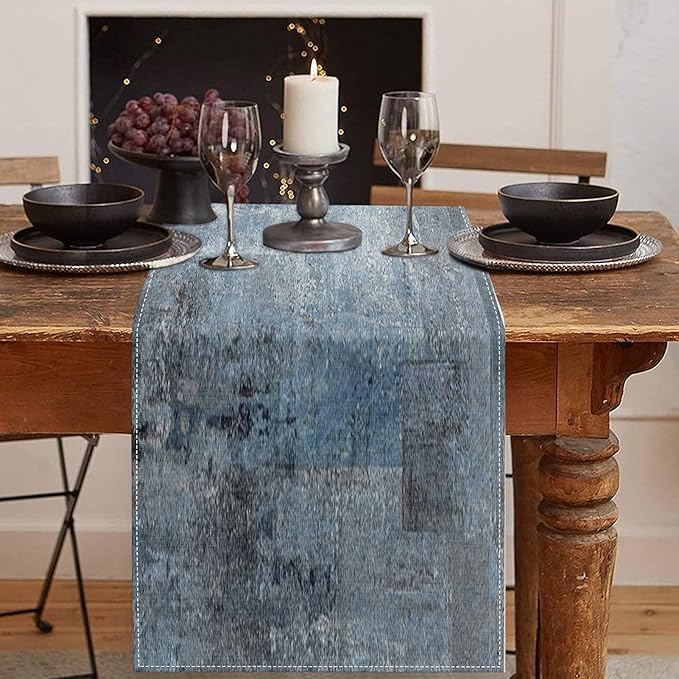 Emvency Farmhouse Style Table Runner, Abstract Art Painting Denim Blue Table by Emvency
