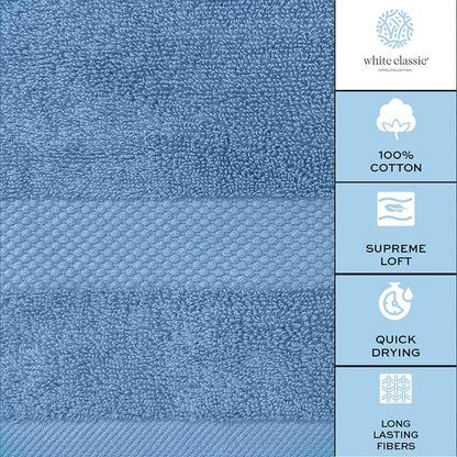 white classic luxury light blue bath towel set on a desk or shelf