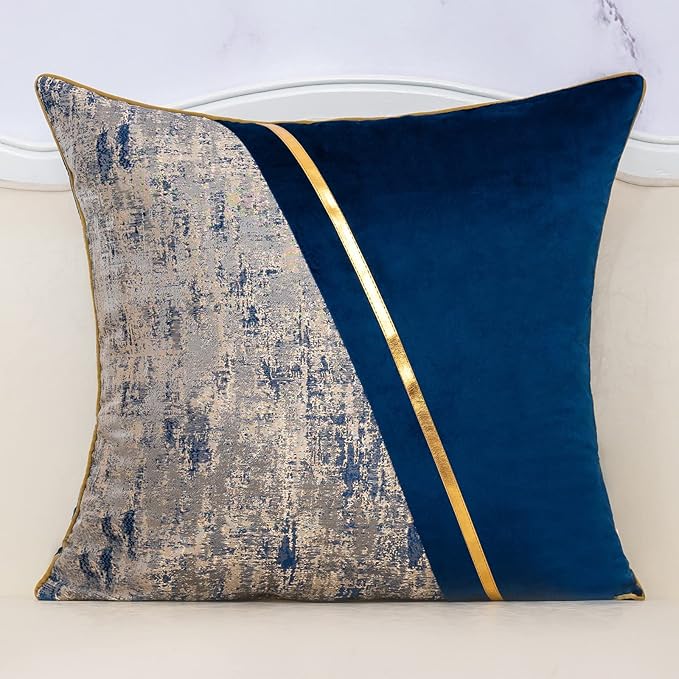 Alerfa 18 x 18 Inch Navy Blue Beige Gold Leather Patchwork Velvet & Polyester by Alerfa