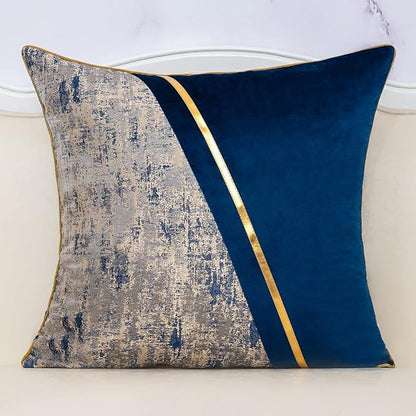 Alerfa 18 x 18 Inch Navy Blue Beige Gold Leather Patchwork Velvet & Polyester by Alerfa
