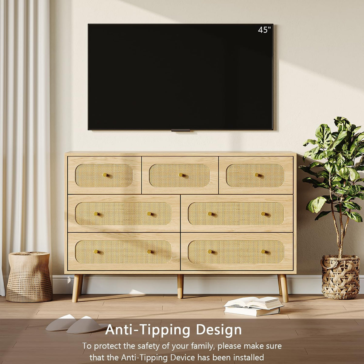 hourom 47.2“ wide rattan 7 drawer dresser with showing dimensions