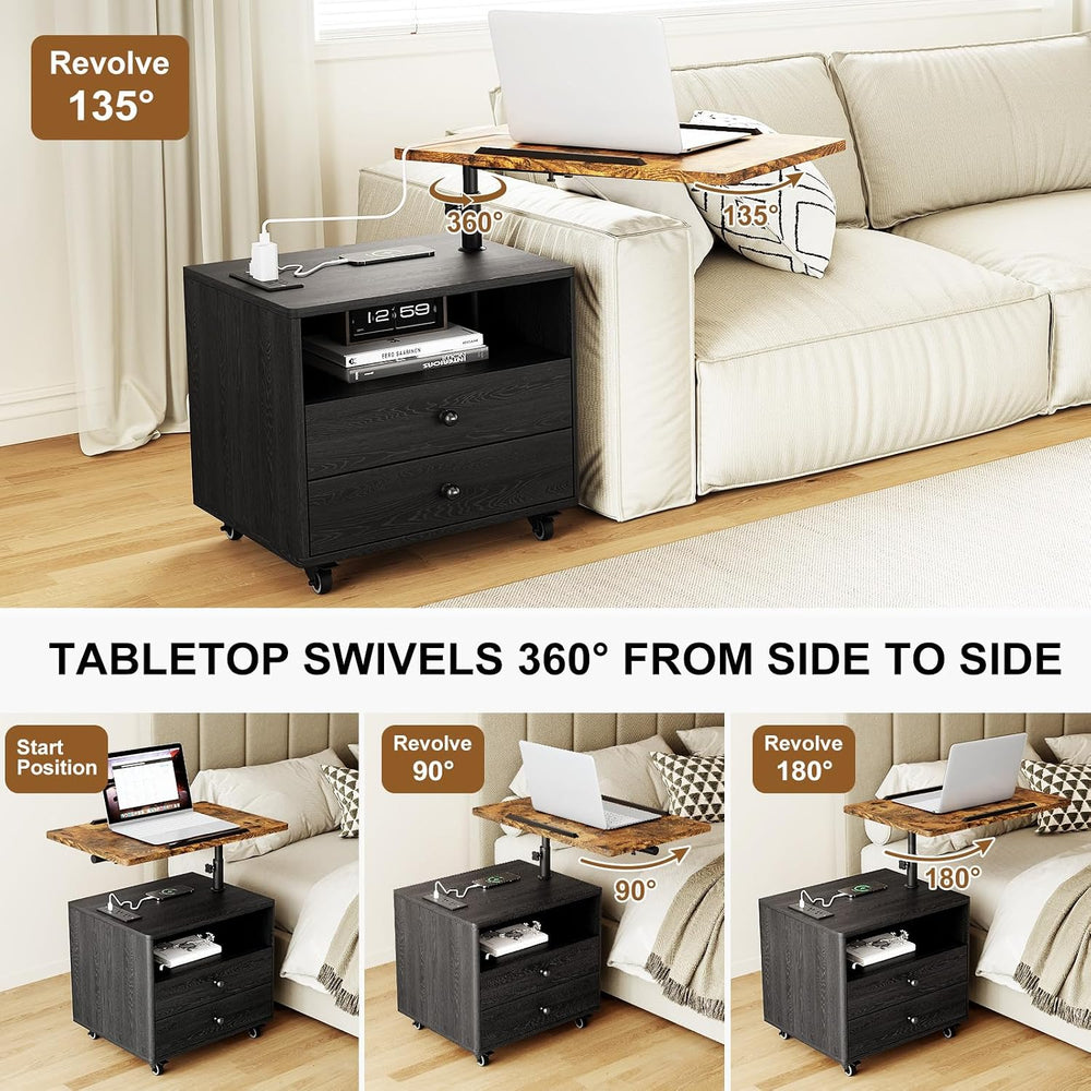 Bedroom Nightstand with Drawers & Charging Station, Adjustable Height Bed...