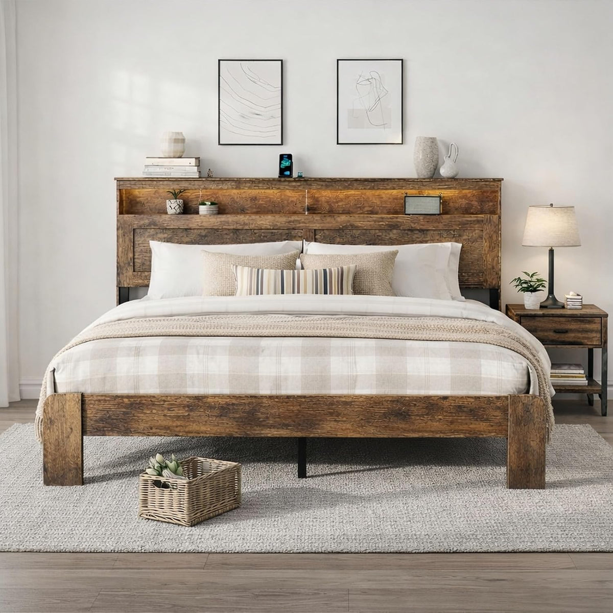 queen size wooden bed frame with headboard, rustic, main product view
