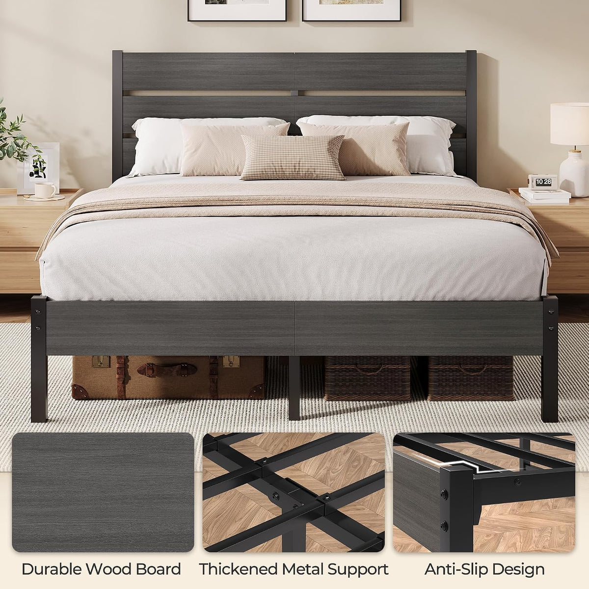 fluest queen bed frame with headboard and footboard, side view