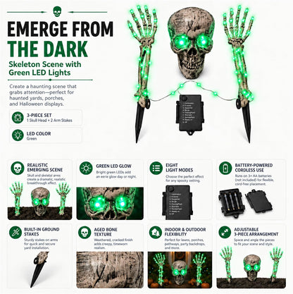 Halloween Skeleton Decorations Outdoor, 3-Piece Green LED Yard Stakes, Skull with Glowing Eyes & 18.7-Inch 8-Mode Lighted Arms, Battery-Powered for Lawn, Garden, Graveyard and Haunted House Scene