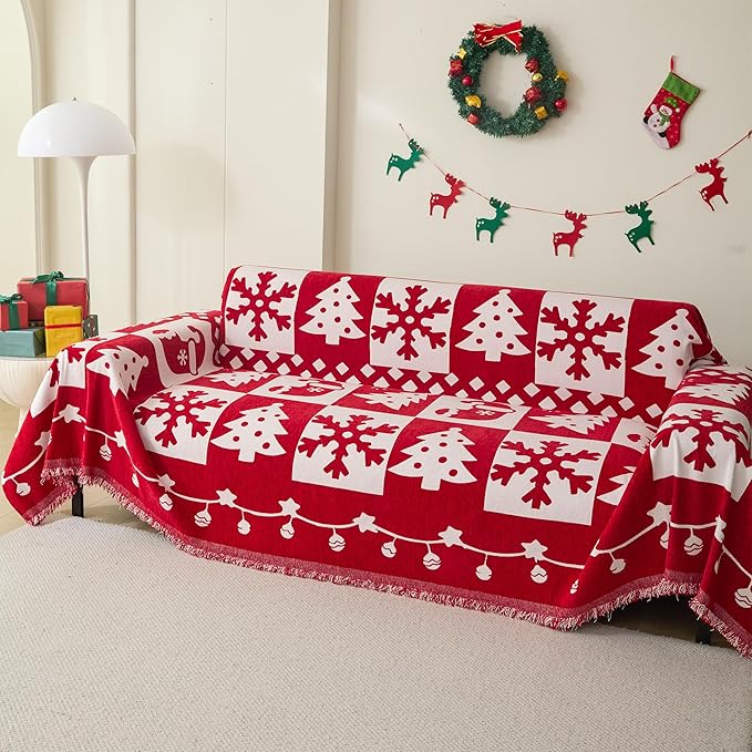 MEETSKY Christmas Couch Cover for Sectional Sofa, Chenille Red Sofa Covers - Image 8