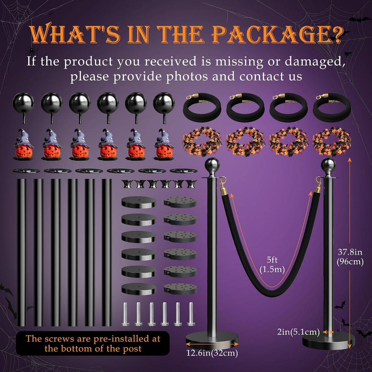 6 Pack Halloween Hat Pumpkin Head Black Stanchions and Velvet Ropes Set, Stainless Steel Crowd Control Barriers, 4Pcs Black Ropes and Poles for Party,Photobooth Accessories, Prom,Halloween Decorations