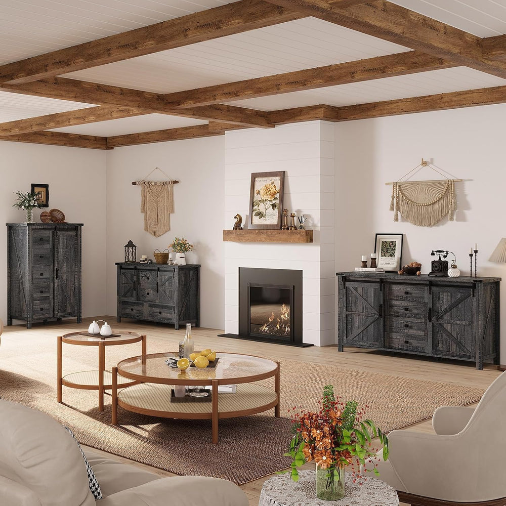 AMERLIFE 60" Farmhouse 4-Drawer Dresser with Barn Doors, Black Oak