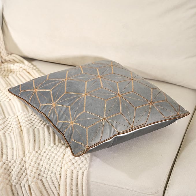 Aeckself Grey Geometric Throw Pillow Cover 18x18 Inch, Soft Velvet Gold Plaid - Image 3