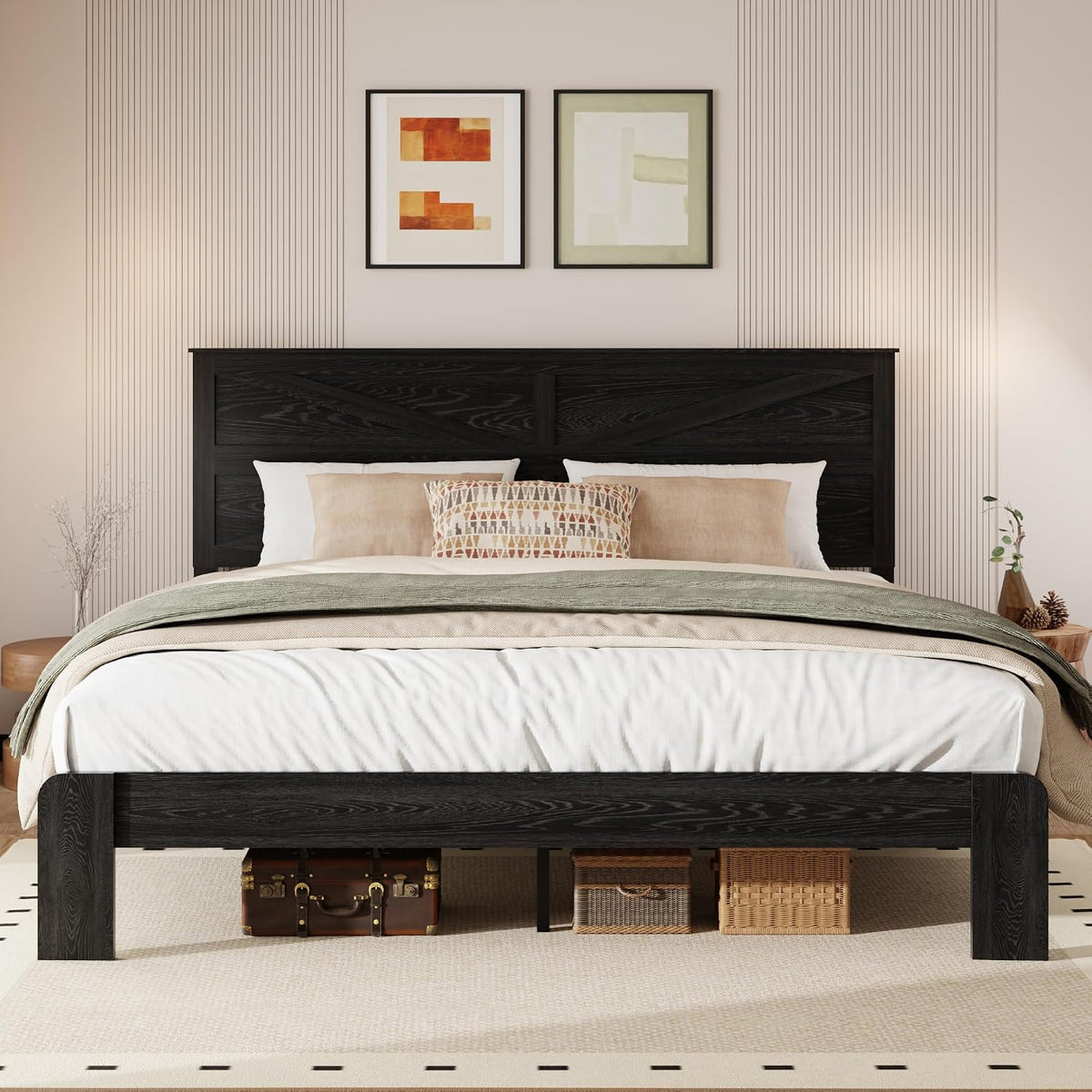 queen size farmhouse wooden bed frame with headboard, main product view